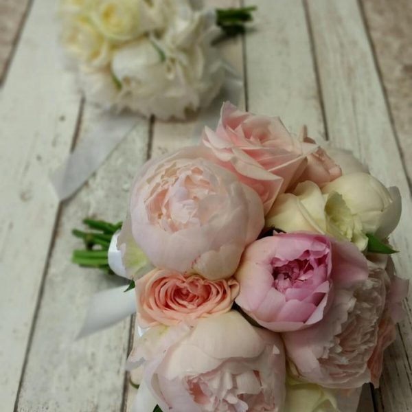 image of 2 compact peony bouquets in pink and white tones