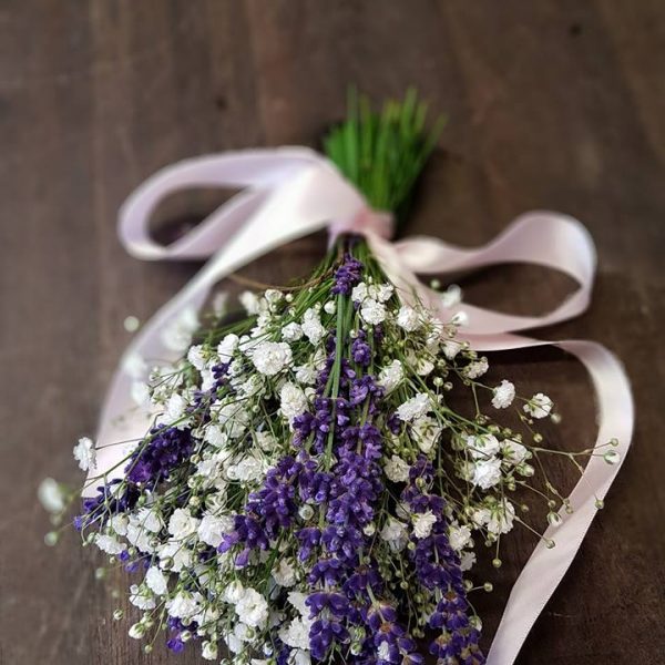 Image of lavender and gypsophilia tied with a simple white ribbon