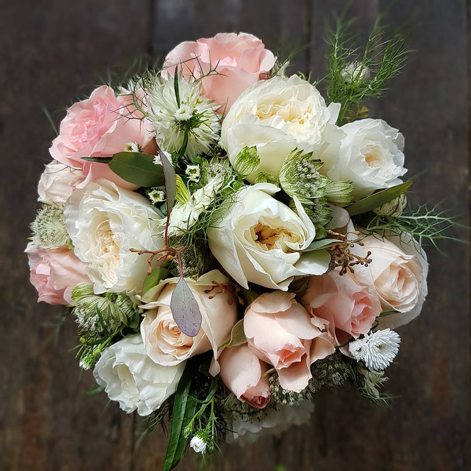 image of a pink and white vintage rose bouquet with nigella