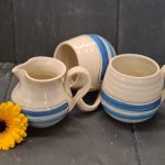 Image of hand crafted, blue striped mugs and milk jug by Irish supplier Tompow Pottery