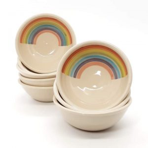 Image of handcrafted, dipping bowls, with rainbow pattern by Irish suppler TomPow pottery.
