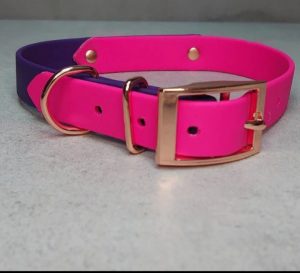 Image of hand crafted purple and bright pink large dog collar by Irish supplier Woodles