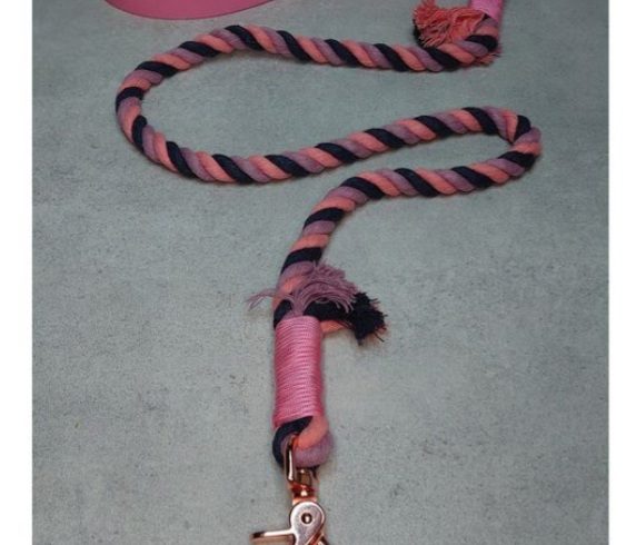 Image of a black, purple and pink handcrafted dog lead by Irish supplier Woodles