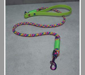 Image of a handcrafted green handled, rainbow rope dog lead by Irish suppliers Woodles